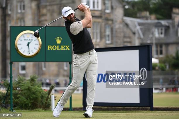 Golfer Dustin Johnson watches his drive from the 2nd tee during his opening round on the first day of The 150th British Open Golf Championship on The...