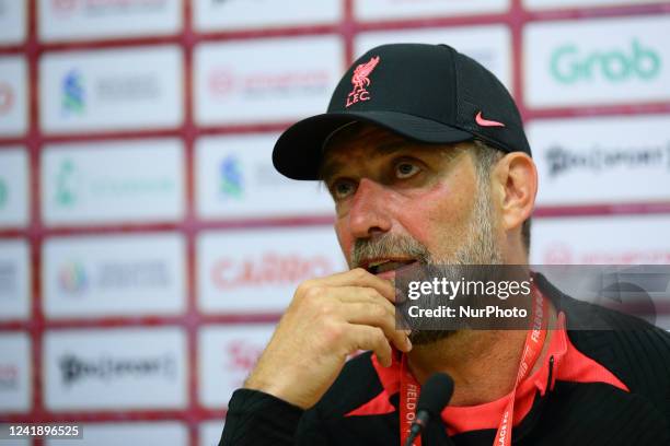 Jurgen Klopp, manager of Liverpool FC speaks during the pre-match press conference ahead of the Standard Chartered Singapore Trophy between Liverpool...