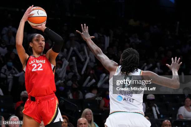 Ja Wilson of the Las Vegas Aces shoots the ball against Natasha Howard of the New York Liberty in the first half at Barclays Center on July 14, 2022...