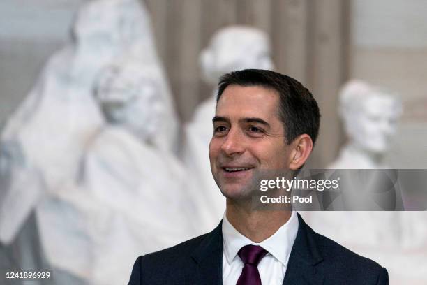 Sen. Tom Cotton, R-Ark., arrives before the flag-draped casket bearing the remains of Hershel W. "Woody" Williams lies in honor in the United States...