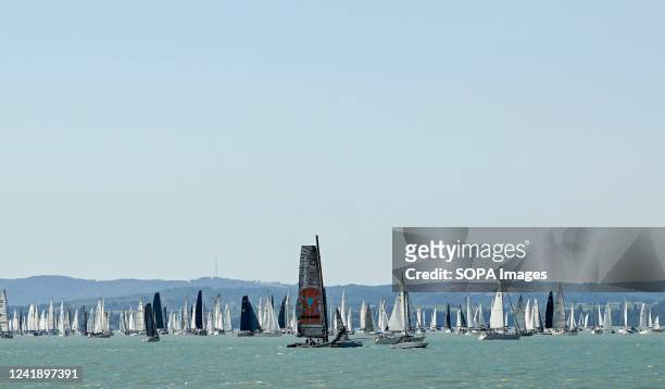 General view of sailing boats taking part in the 54th Blue Ribbon Regatta sailing boat race, also known as the Kékszalag. In this years event, 516...
