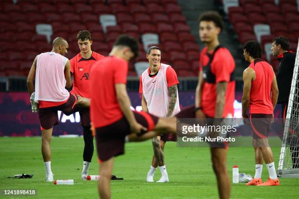 Darwin Nunez of Liverpool FC in action during the open training session ahead of the Standard Chartered Singapore Trophy between Liverpool and...