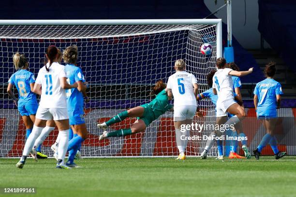 Karolina Vilhjalmsdottir of Iceland scores her team's first goal during the UEFA Women's Euro England 2022 group D match between Italy and Iceland at...