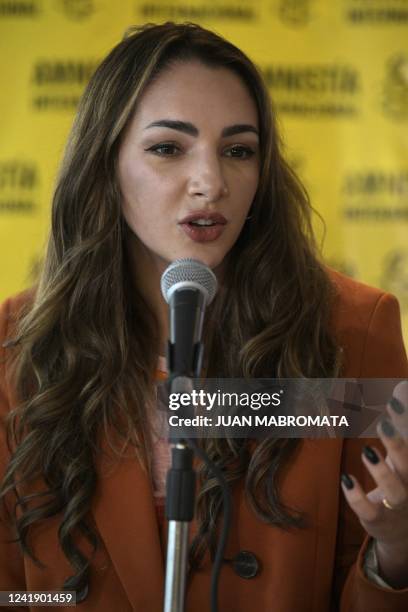 Argentine actress Thelma Fardin, delivers a press conference in Buenos Aires, on July 14, 2022. Fardin accused Brazilian-born Argentine actor Juan...