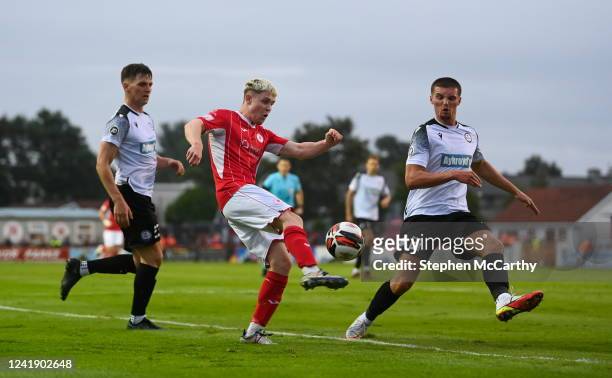 Sligo , Ireland - 14 July 2022; Cillian Heaney of Sligo Rovers in action against Oliver Southern of Bala Town during the UEFA Europa Conference...