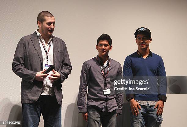 Director Gareth Evans, actor Iko Uwais, and actor Joe Taslim attend "The Raid" Premiere at Ryerson Theatre during the 2011 Toronto International Film...