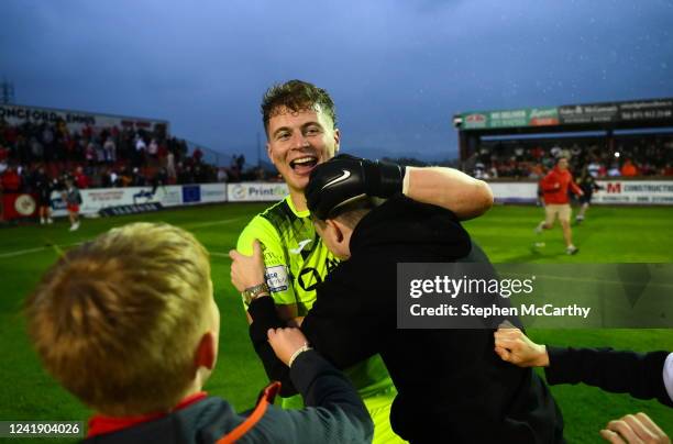 Sligo , Ireland - 14 July 2022; Sligo Rovers goalkeeper Edward McGinty celebrates with supporters after the UEFA Europa Conference League 2022/23...