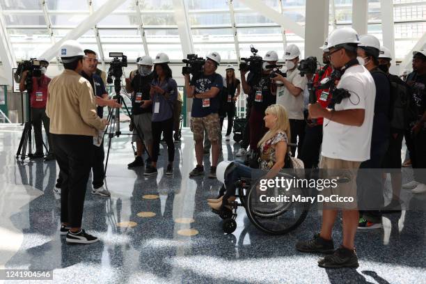 Media attend a Hard Hat tour of Capital One Play Ball Park during the Capitol One Play Ball Park Hard Hat Tour at Downtown Los Angeles on Thursday,...