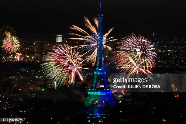 Fireworks explode above the Eiffel Tower as part of the annual Bastille Day celebrations in Paris, on July 14, 2022.