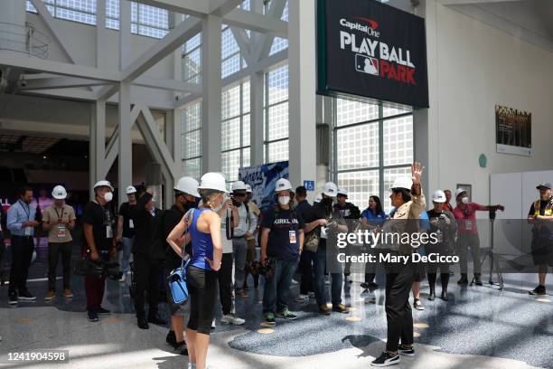 Media attend a Hard Hat tour of Capital One Play Ball Park during the Capitol One Play Ball Park Hard Hat Tour at Downtown Los Angeles on Thursday,...