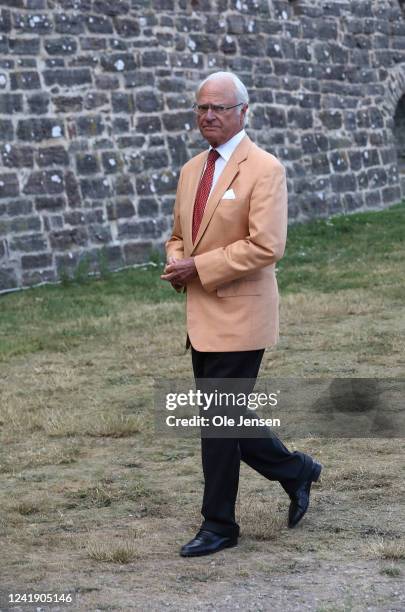 King Carl Gustav of Sweden attends Crown Princess Victoria of Sweden's 45th birthday celebration at Borgholm Castle on July 14, 2022 in Oland, Sweden.