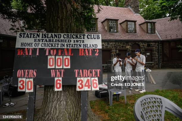 Players prepare prior to a cricket match at the Staten Island cricket club in Staten Island on June 11, 2022. - Cricket is barely played in the...