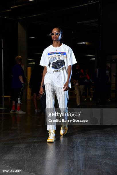 Shatori Walker-Kimbrough of the Washington Mystics arrives to the arena prior to the game against the Phoenix Mercury on July 14, 2022 at Footprint...