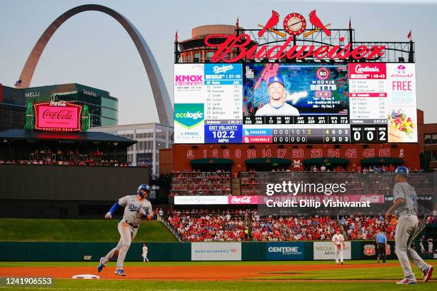 Gavin Lux of the Los Angeles Dodgers rounds third base after hitting a two-run home run against the St. Louis Cardinals in the seventh inning at...