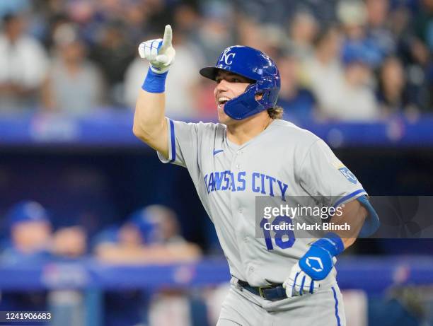 Nate Eaton of the Kansas City Royals hits a home run against the Toronto Blue Jays in his MLB debut in the ninth inning during their MLB game at the...