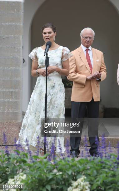 Crown Princess Victoria of Sweden and King Carl Gustav of Sweden are seen in the garden of the family summer palace Solliden on Oland island to...