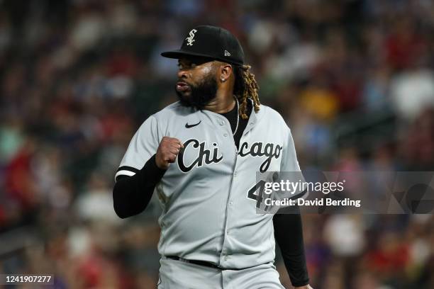 Johnny Cueto of the Chicago White Sox celebrates striking out Gio Urshela of the Minnesota Twins to end the sixth inning at Target Field on July 14,...