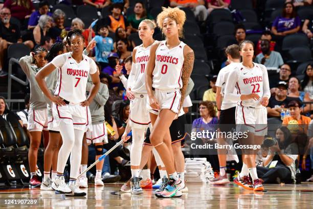 The Washington Mystics look on during the game against the Phoenix Mercury on July 14, 2022 at Footprint Center in Phoenix, Arizona. NOTE TO USER:...