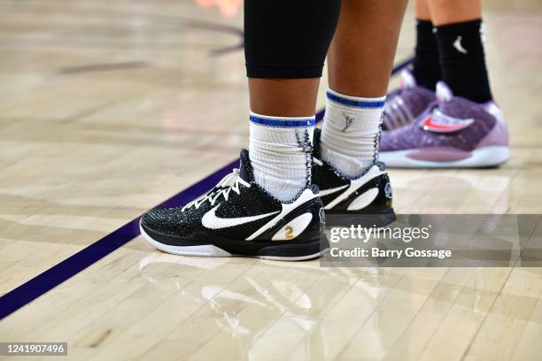 The sneakers worn by Myisha Hines-Allen of the Washington Mystics during the game against the Phoenix Mercury on July 14, 2022 at Footprint Center in...