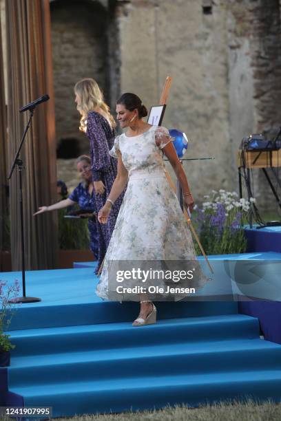 Princess Madeleine of Sweden and Crown Princess Victoria of Sweden speak on stage during Crown Princess Victoria of Sweden's 45th birthday...