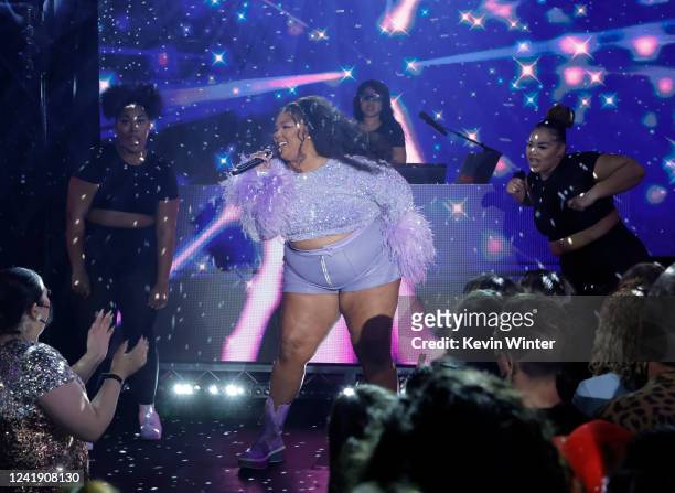 In this image released on July 14, Lizzo performs live onstage at the iHeartRadio Album Release Party with Lizzo at iHeartRadio Theater LA in...