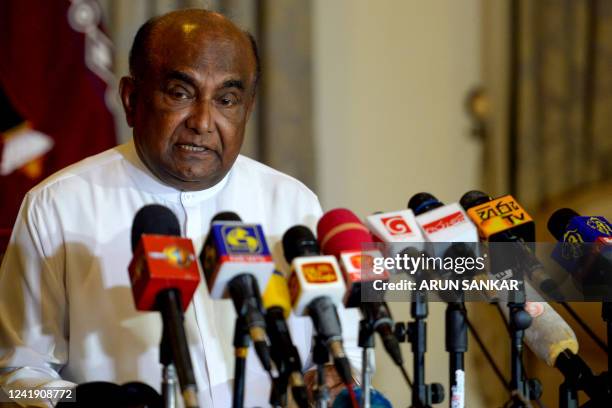 Sri Lanka's Speaker Mahinda Yapa Abeywardena speaks during a media briefing at Speaker's house in Colombo on July 15, 2022. The resignation of Sri...