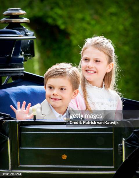 Princess Estelle of Sweden and Prince Oscar of Sweden at the start of a carriage ride in the garden of the family summer palace Solliden on Oland...