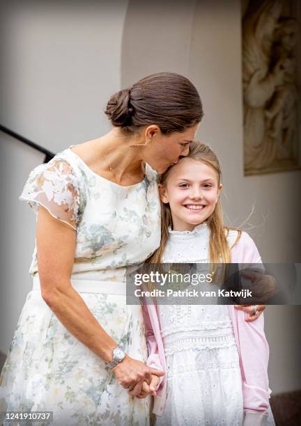 Crown Princess Victoria of Sweden and Princess Estelle of Sweden in the garden of the family summer palace Solliden on Oland island on the occasion...