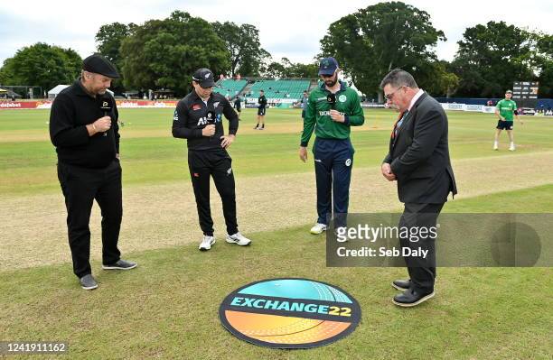 Dublin , Ireland - 15 July 2022; Presenter Craig McMillan, left, with team captains Tom Latham of New Zealand, Ireland captain Andrew Balbirnie and...
