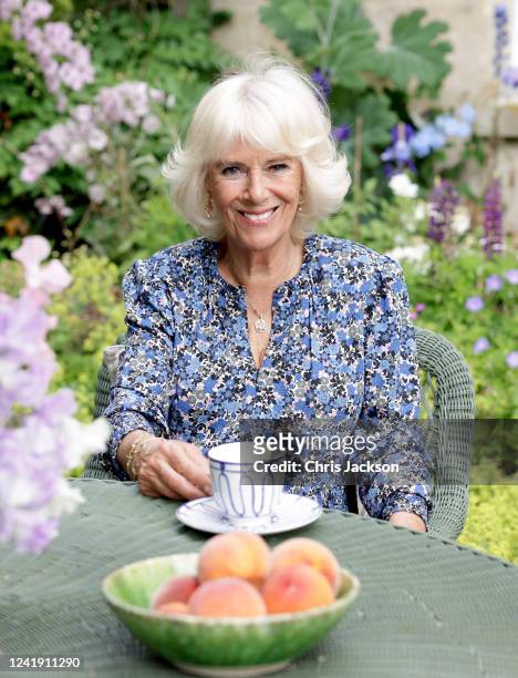 In this image released on July 15 2022, HRH Camilla, Duchess of Cornwall poses for an official portrait to mark HRH's 75th birthday at her home in...