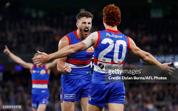 Marcus Bontempelli of the Bulldogs celebrates a goal during the 2022 AFL Round 18 match between the Western Bulldogs and the St Kilda Saints at...
