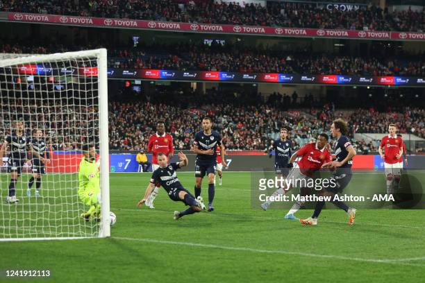 Anthony Martial of Manchester United scores a goal to make it 1-2 during the Pre-Season friendly match between Melbourne Victory and Manchester...