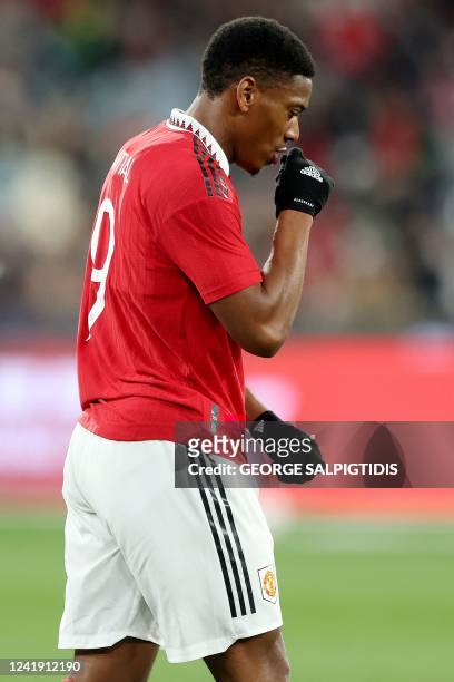 Anthony Martial of Manchester United celebrates his goal during the exhibition football match between English Premier League team Manchester United...