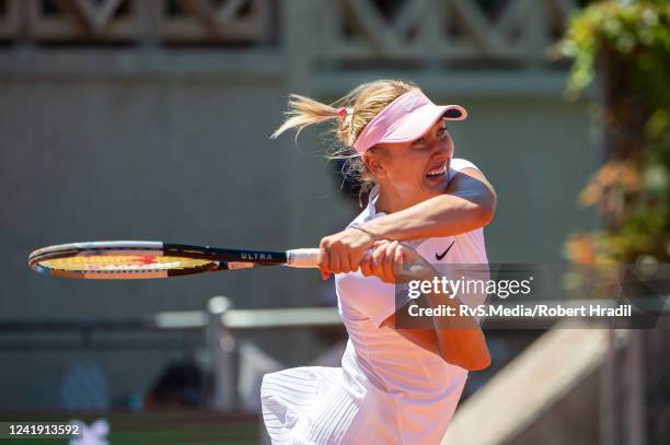 Anastasia Potapova of Russia plays a backhand in her match against Jule Niemeier of Germany during Ladies Open Lausanne on July 15, 2022 in Lausanne,...