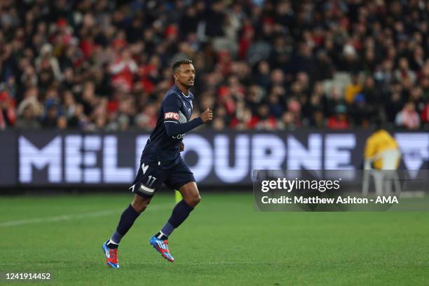 Nani of Melbourne Victory makes his debut during the Pre-Season friendly match between Melbourne Victory and Manchester United at Melbourne Cricket...