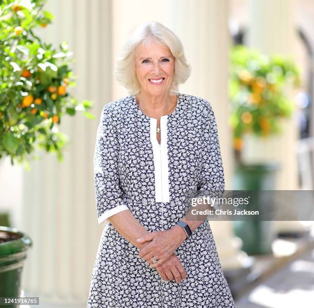 In this image released on July 17 HRH Camilla, Duchess of Cornwall poses for an official portrait to mark HRH's 75th birthday at her home in...