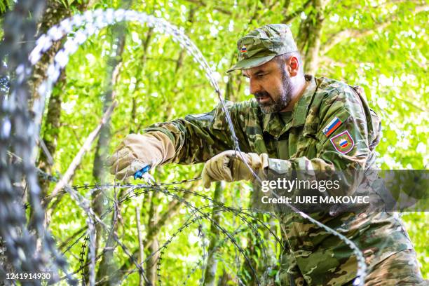 Member of the Slovenian Army disassembles a part of the barbed wire fence at the Slovenian-Croatian border, close to the small village of Krmacina,...