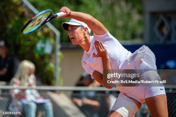 Olga Danilovic of Serbia serves in her match against Simona Waltert of Switzerland during Ladies Open Lausanne on July 15, 2022 in Lausanne,...