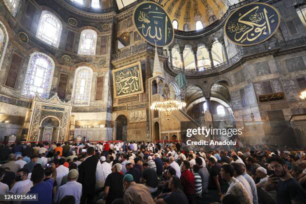 People gather at Hagia Sophia Grand Mosque during a friday prayer as they pray for those who lost their lives in July 15, 2016 defeated coup attempt...