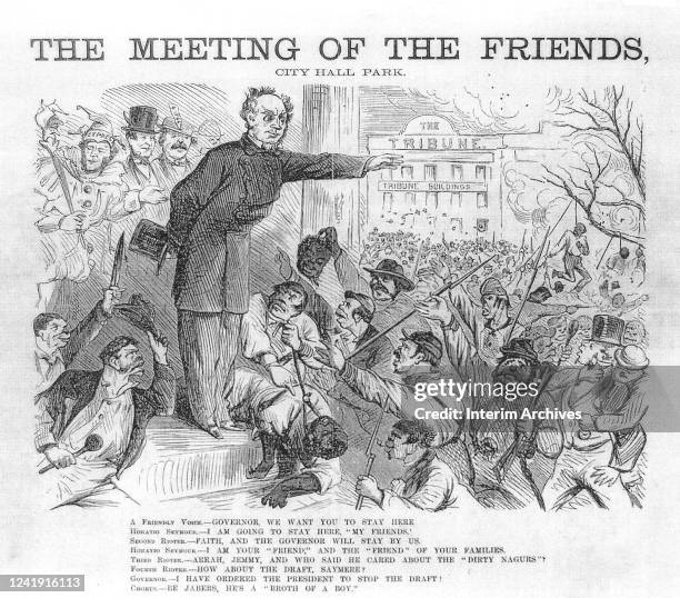 Illustration shows New York state Governor Horatio Seymour giving his 'My Friends' speech during the Civil War draft riots, New York, July 14, 1863.