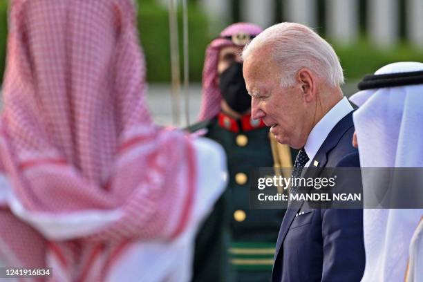 President Joe Biden arrives at the King Abdulaziz International Airport in the Saudi coastal city of Jeddah, on July 15, 2022. - US President Joe...