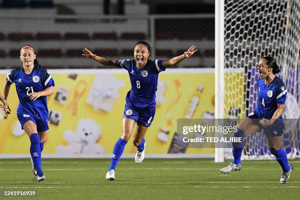 Philippine players celebrate a goal against Vietnam during the Women's Asian Football Federation semi-final match at the Rizal memorial colliseum in...
