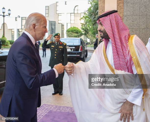 President Joe Biden being welcomed by Saudi Arabian Crown Prince Mohammed bin Salman at Alsalam Royal Palace in Jeddah, Saudi Arabia on July 15, 2022.