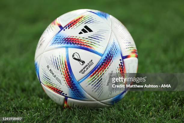 The Adidas Al Rihla official match ball of FIFA World Cup 2022 in Qatar during the Pre-Season friendly match between Melbourne Victory and Manchester...
