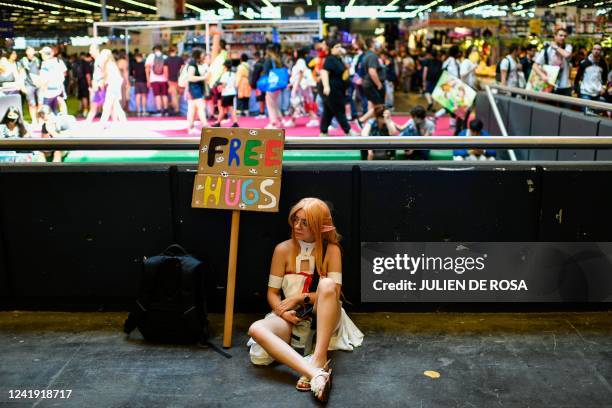 Visitor wearing an anime character costume sits next to a "Free Hugs" placard at the Japan Expo at the Parc des Expositions in Villepinte, northern...