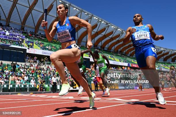 Italy's Brayan Lopez and Alice Mangione compete in the mixed 4x400m relay heats during the World Athletics Championships at Hayward Field in Eugene,...