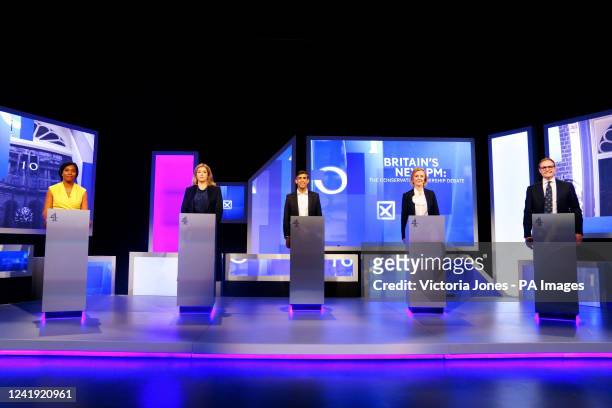 Kemi Badenoch, Penny Mordaunt, Rishi Sunak, Liz Truss and Tom Tugendhat at Here East studios in Stratford, east London, before the live television...