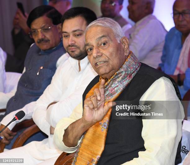 Opposition's presidential candidate Yashwant Sinha addresses a press conference along with Rashtriya Janata Dal leader Tejashwi Yadav, Bihar state...