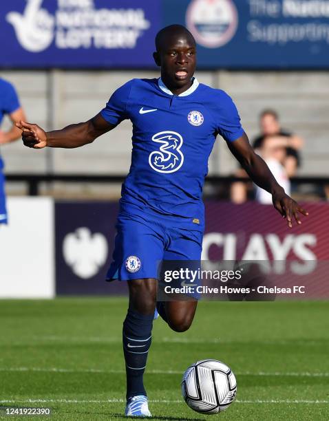 Ngolo Kante of Chelsea FC runs with the ball during the Boreham Wood v Chelsea FC U21 -Pre-Season Friendly at Meadow Park on July 15, 2022 in...