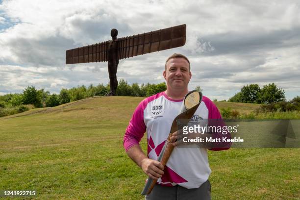 Tommy Lowther takes part in The Queen's Baton Relay as it visits The Angel of the North as part of the Birmingham 2022 Queens Baton Relay on July 15,...